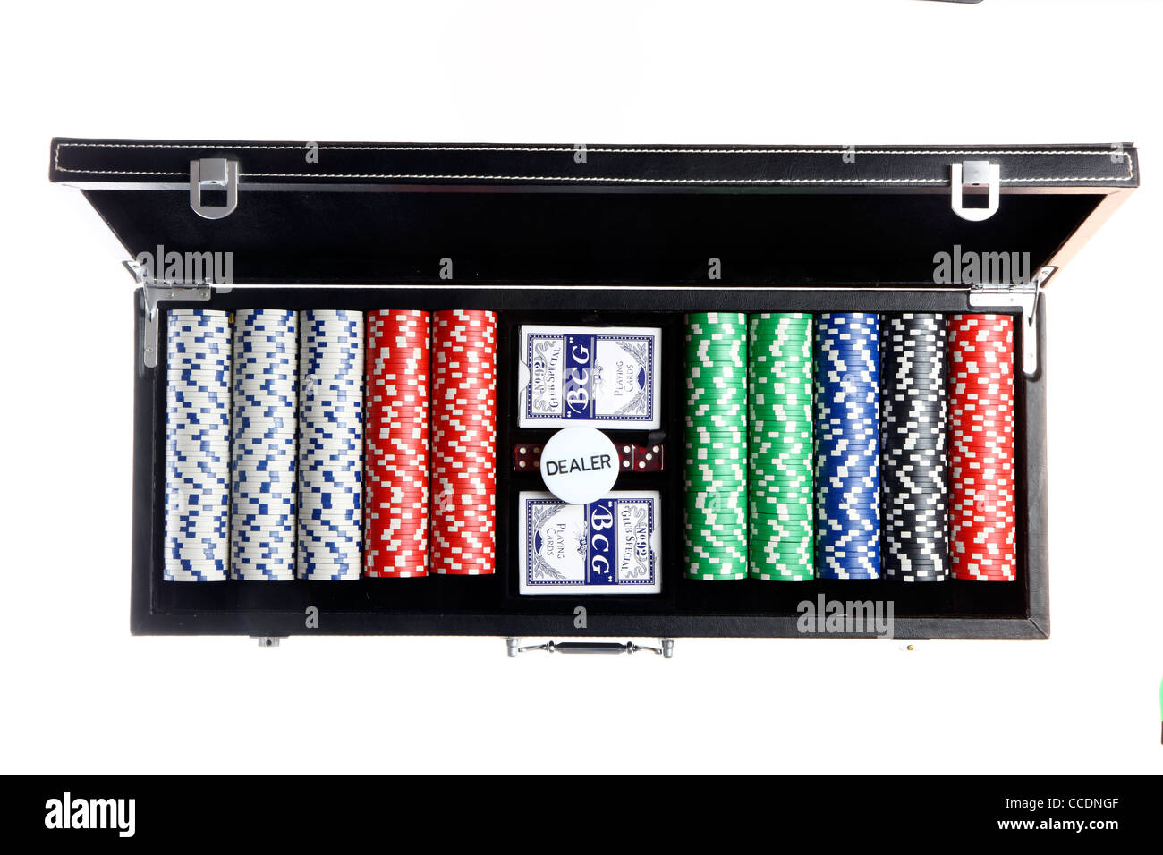 Poker-Spiel, Karten, Münzen, in einem Fall. Stockfoto