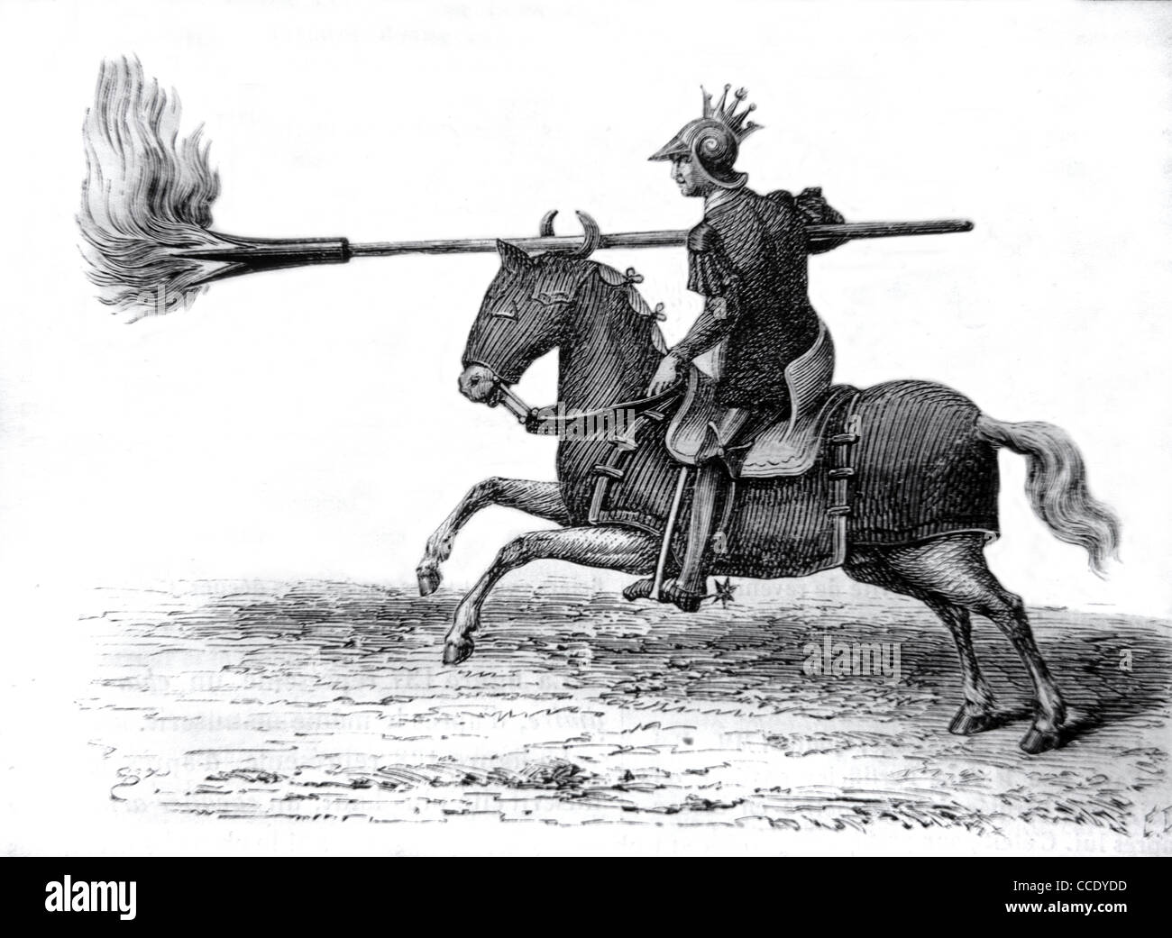 Mittelalterlicher Ritter, Kavallerie, Reiter oder berittene Soldat mit flammender Lanze oder Speer, c19th Engraving oder Vintage Illustration Stockfoto