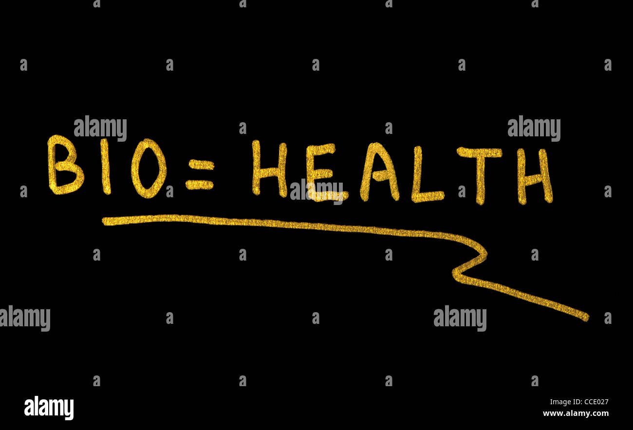 Bio ist Gesundheit Text Konzeption über schwarz Stockfoto