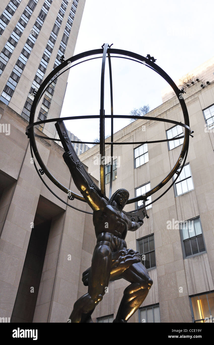 Atlas-Statue, das Rockefeller Center Kunst, New York City, USA Stockfoto