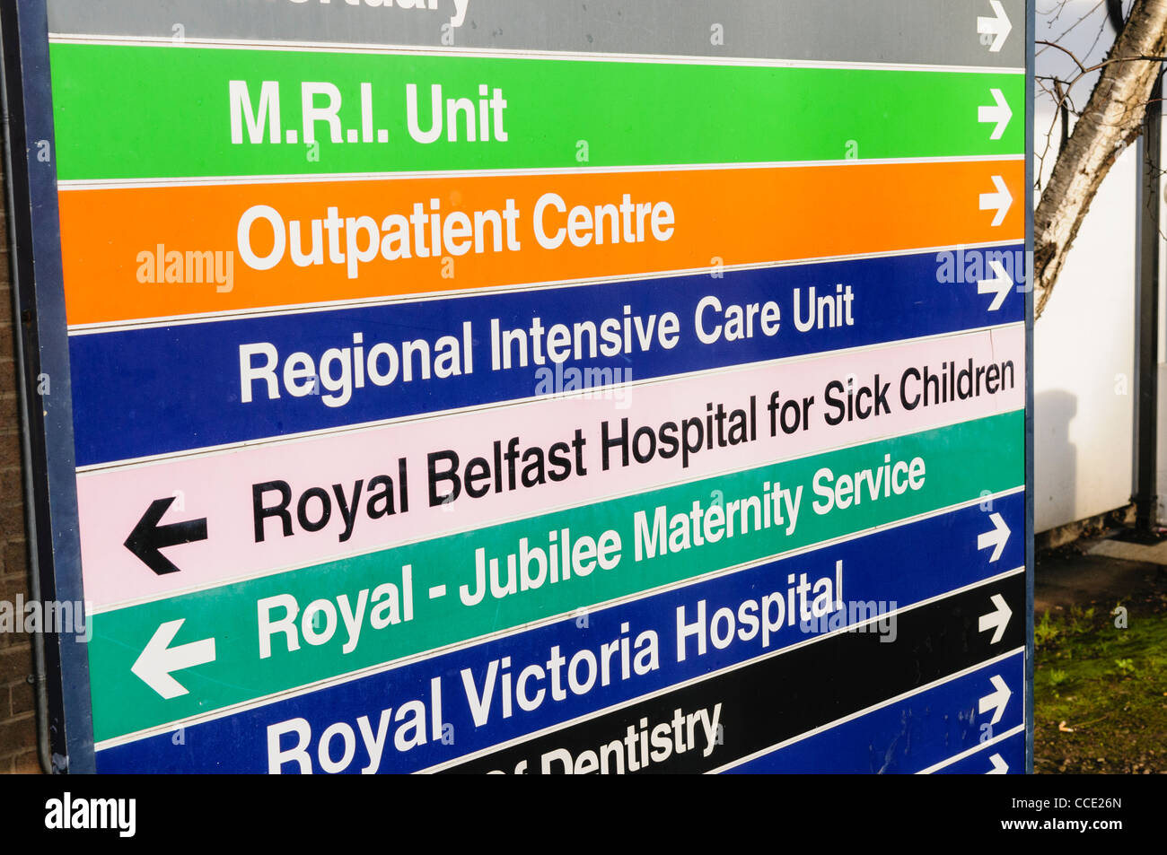 Anzeichen einer Royal Victoria Hospital für MRI Gerät, ambulantes Zentrum, regionalen Intensivstation, Royal Jubilee Mutterschaft Service Stockfoto