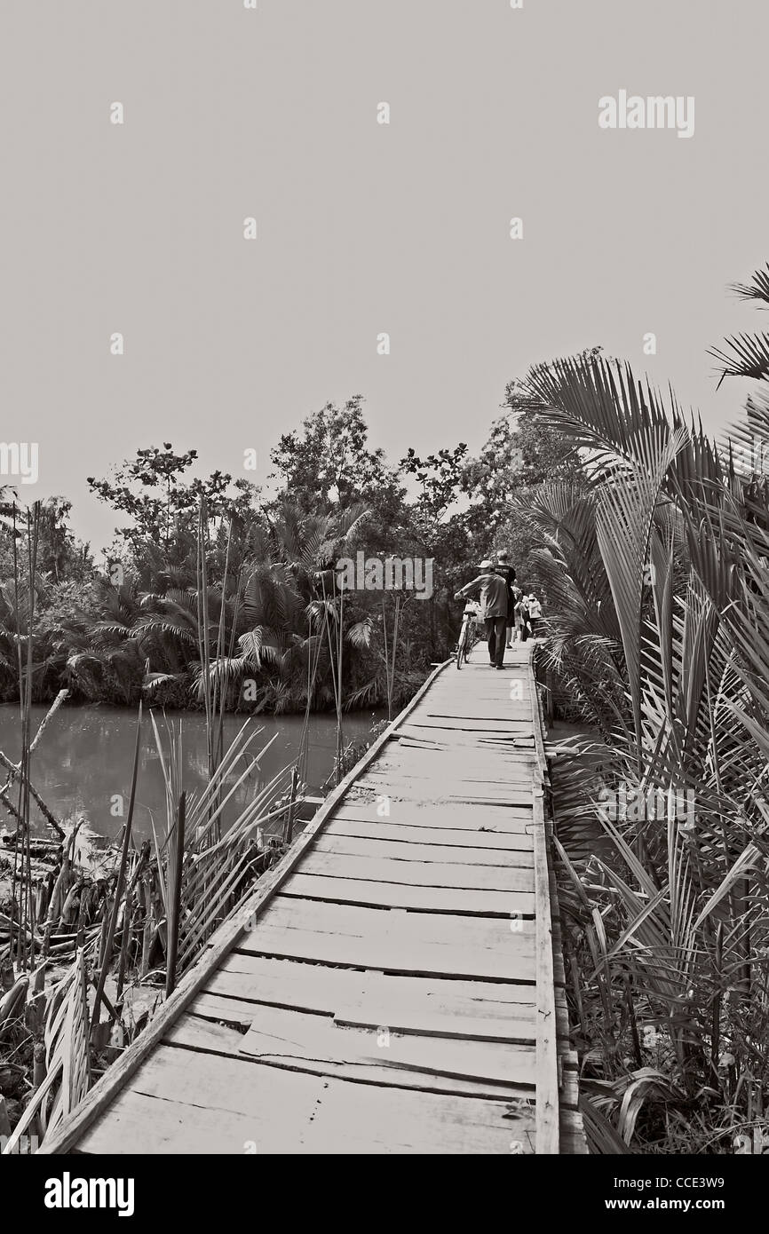 Lokalen vietnamesischen Mann über eine wackelige Brücke über das Mekong-Delta Stockfoto