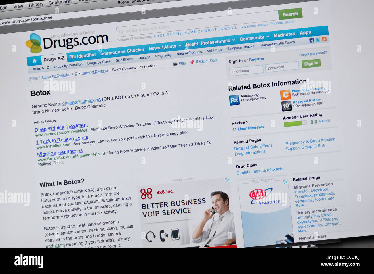 Drugs.com - Botox verschreibungspflichtige Medikament Webseite Stockfoto
