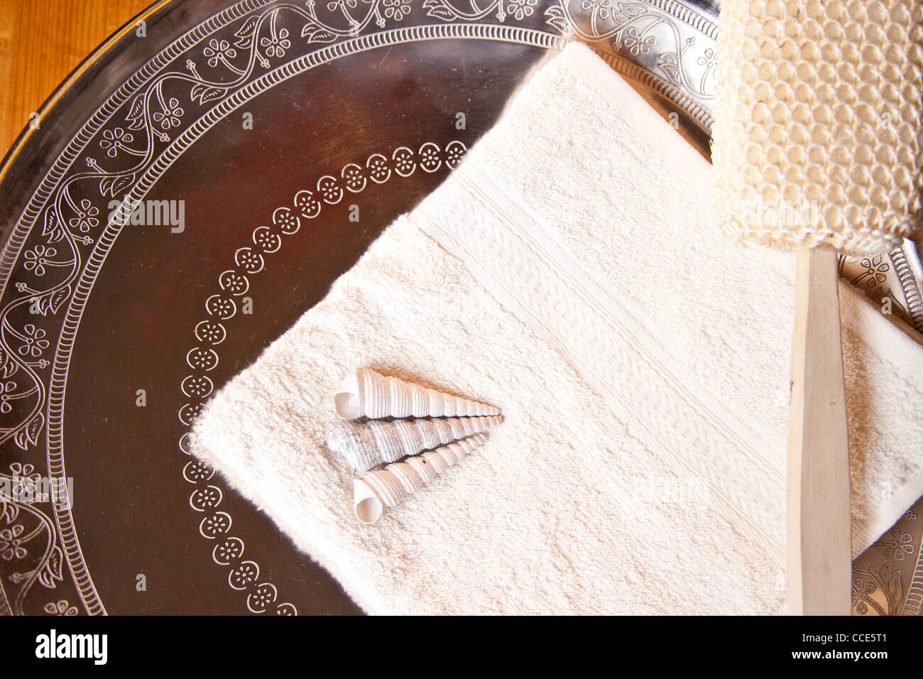 Luxus-Bad oder Dusche mit Handtuch, Pinsel und Muscheln auf silberne Schuppe Stockfoto