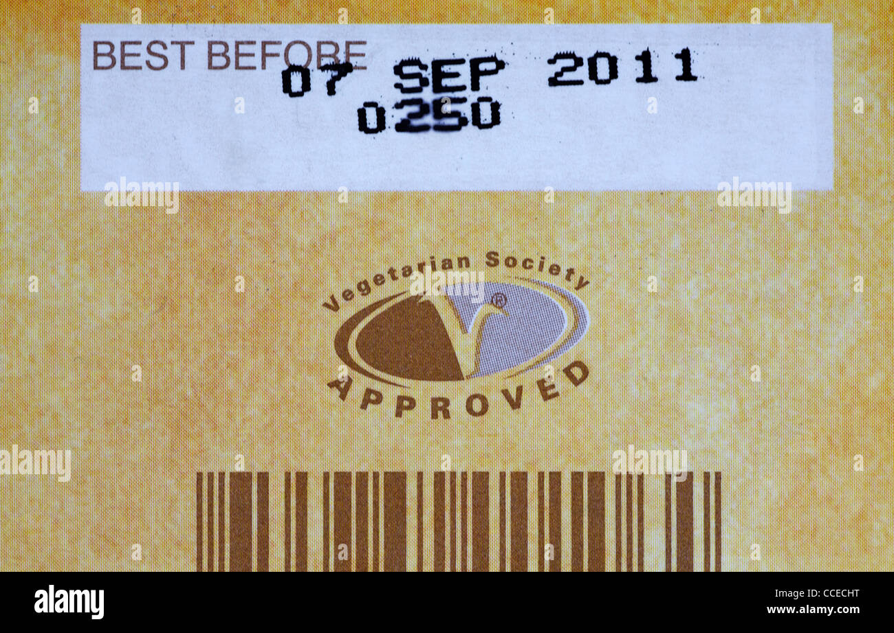 Vegetarische Gesellschaft genehmigt und Mindesthaltbarkeitsdatum auf der Packung Kekse Stockfoto