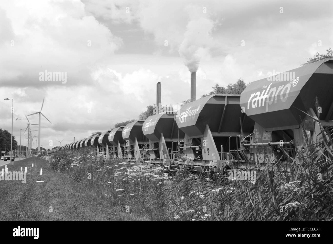 Trainieren Sie mit Kohle für Kraftwerk Hemweg, Amsterdam, Niederlande Stockfoto