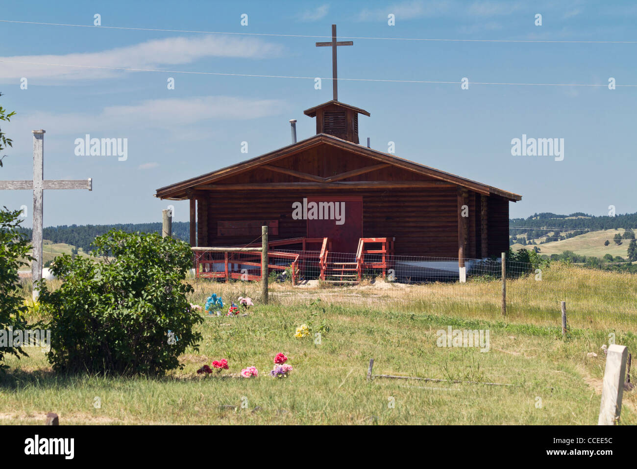 Reservierung Pine Ridge indianischer Friedhof Stamm Lakota Oglala Sioux South Dakota in USA US Memorial Wunded Knee Massacre horizontal Hi-res Stockfoto