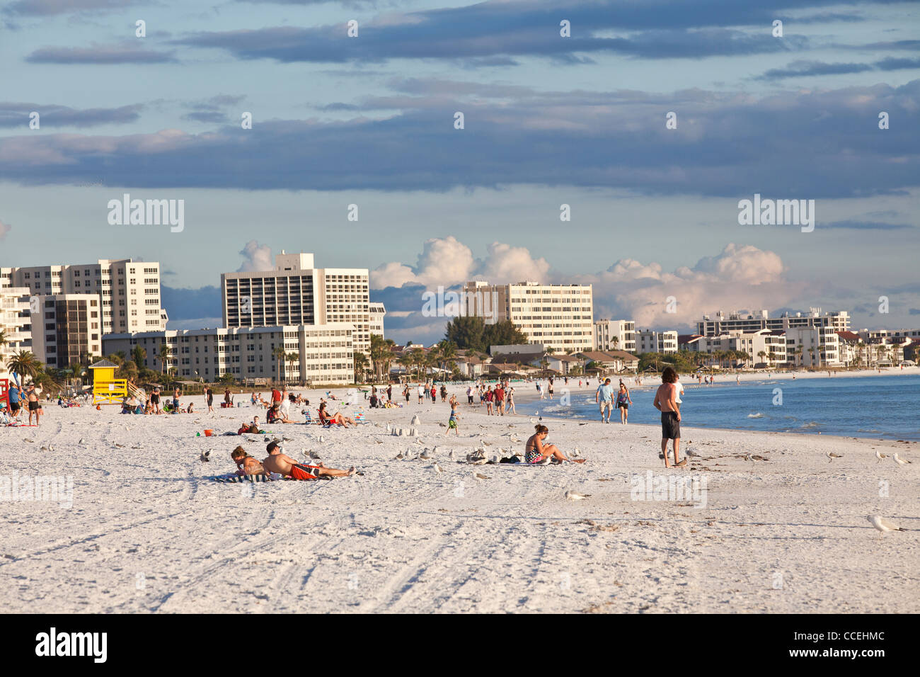 Sonnenanbeter am berühmten weißen Pulver Sand Siesta Key Beach, Sarasota Florida Stockfoto
