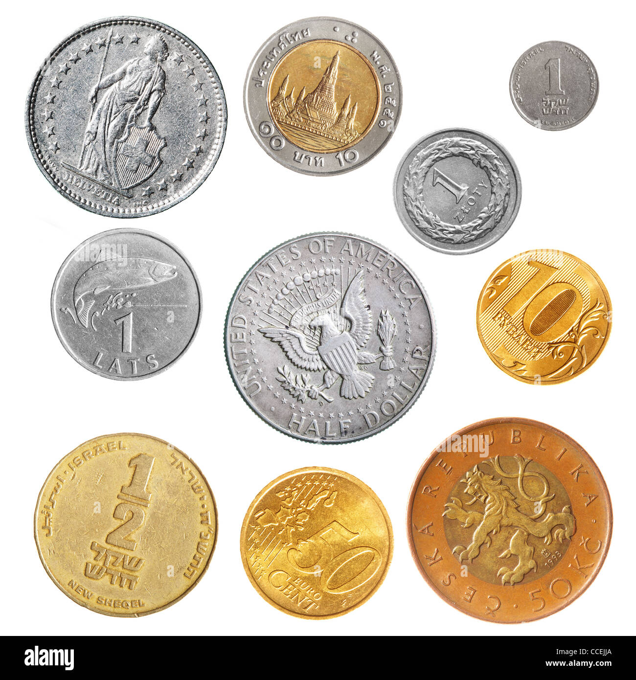 Verschiedene Münzen über dem weißen Hintergrund isoliert Stockfoto