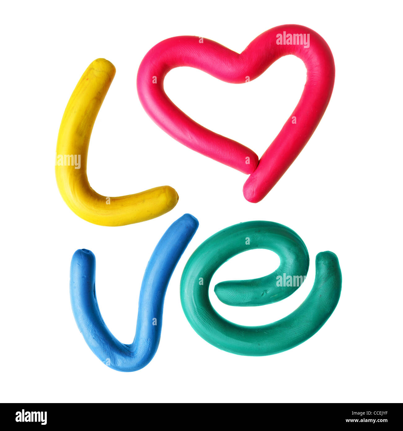 Wort Liebe hergestellt aus Plastilin isoliert auf weißem Hintergrund Stockfoto