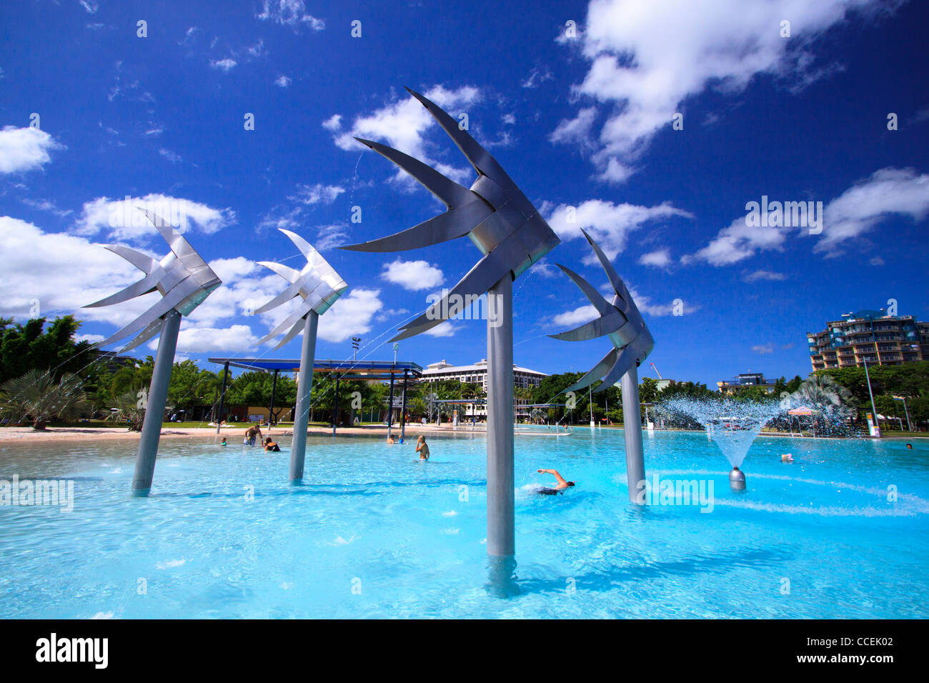 Die riesigen Fisch-Statuen sind eine bekannte Funktion der Cairns Esplanade Lagoon. Norden von Queensland, Australien. Stockfoto