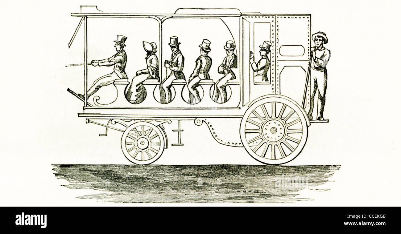 Der erste Einsatz einer Lokomotive in den USA war im Jahre 1829 und die Abbildung zeigt den ursprünglichen Dampf-Pkw. Stockfoto