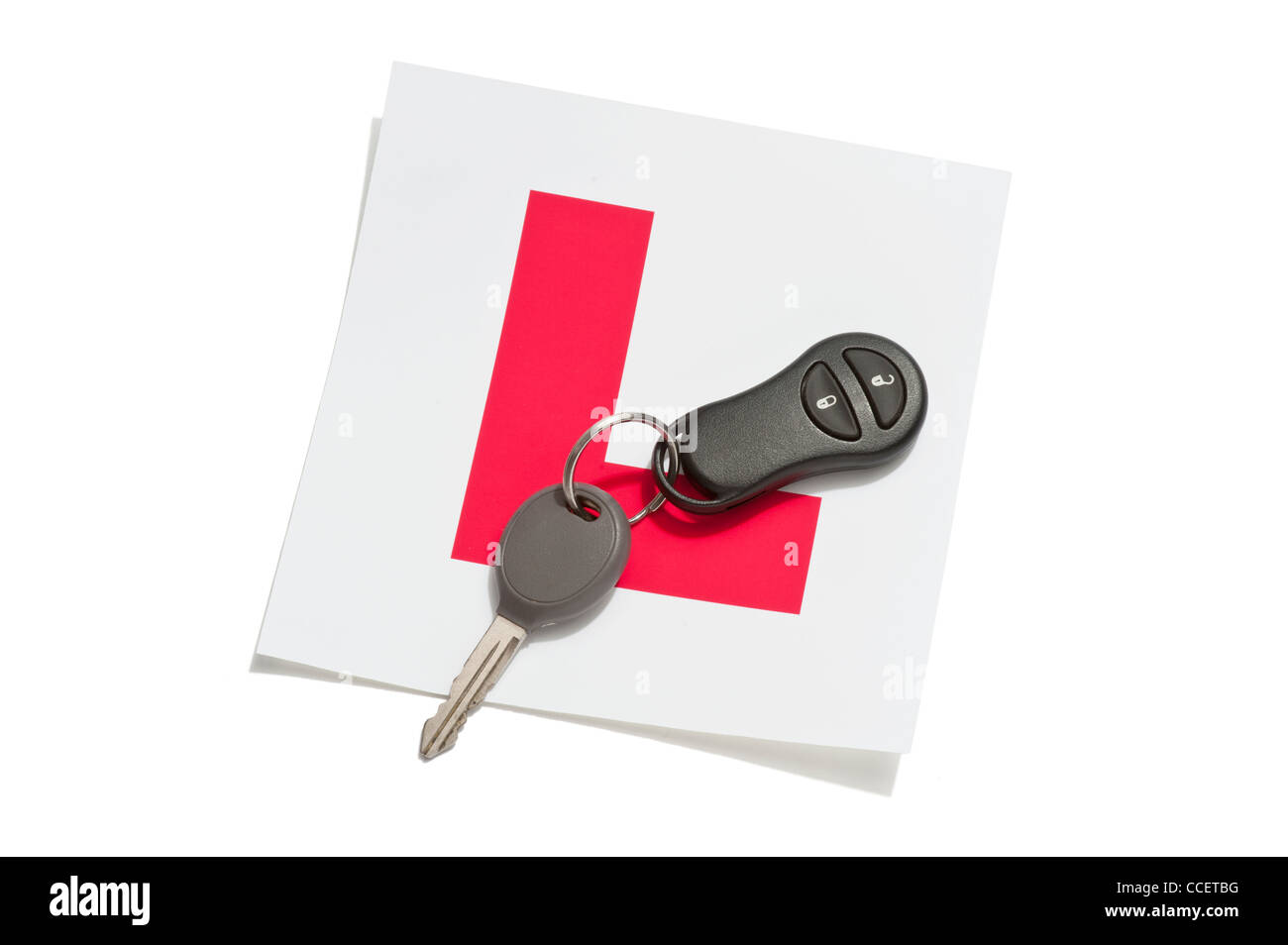 Ein L-Platte mit einem Autoschlüssel und ein remote Schlüsselanhänger Stockfoto