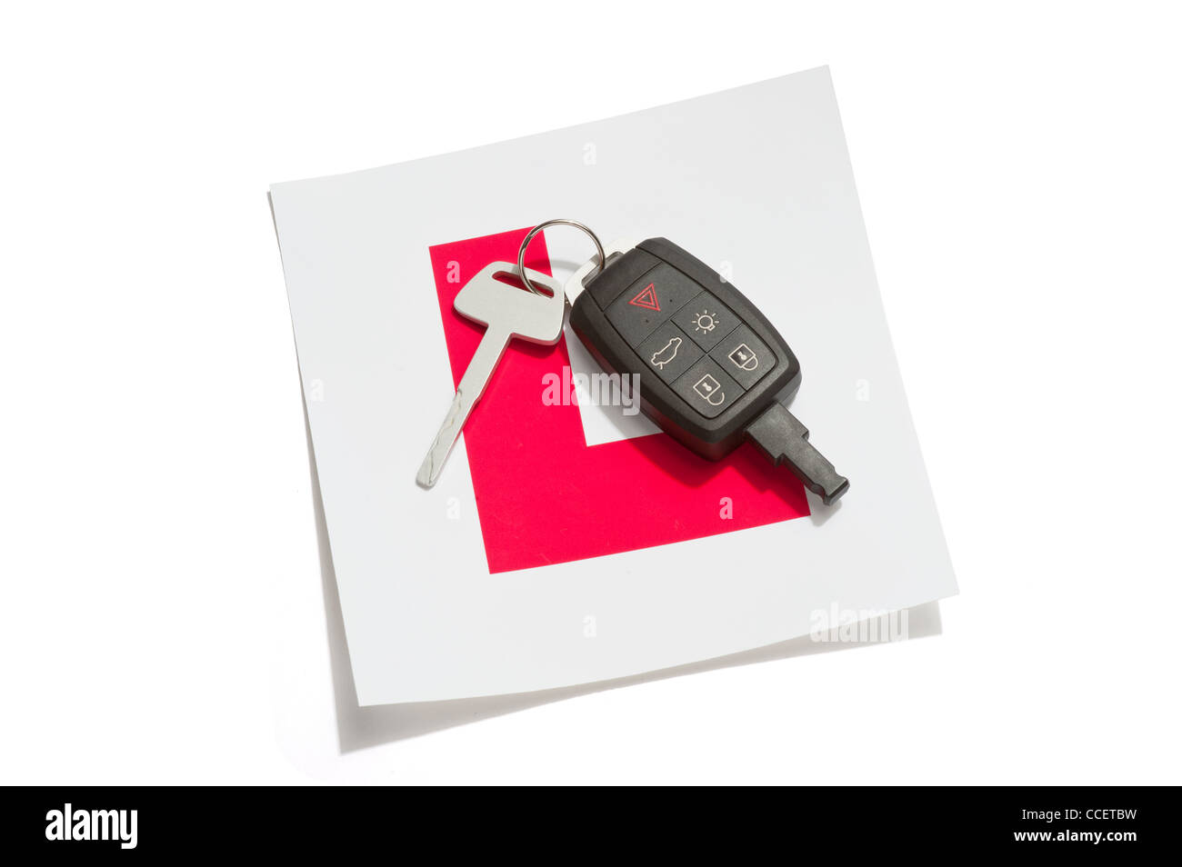 Ein L-Platte mit einem Autoschlüssel und ein remote Schlüsselanhänger Stockfoto