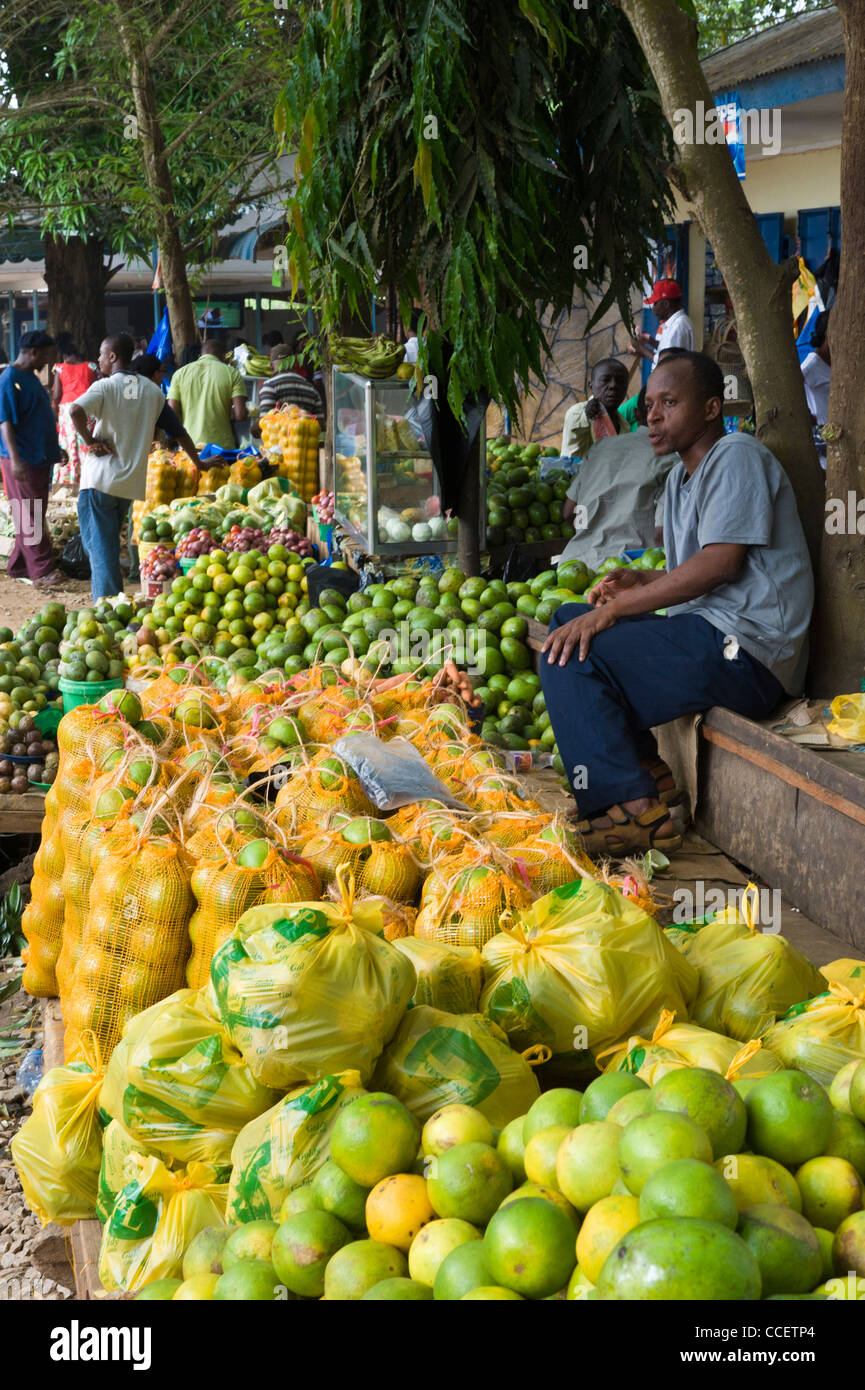 Obststand und Passagiere am Korogwe Bus stehen Tanga Region Tansania Stockfoto