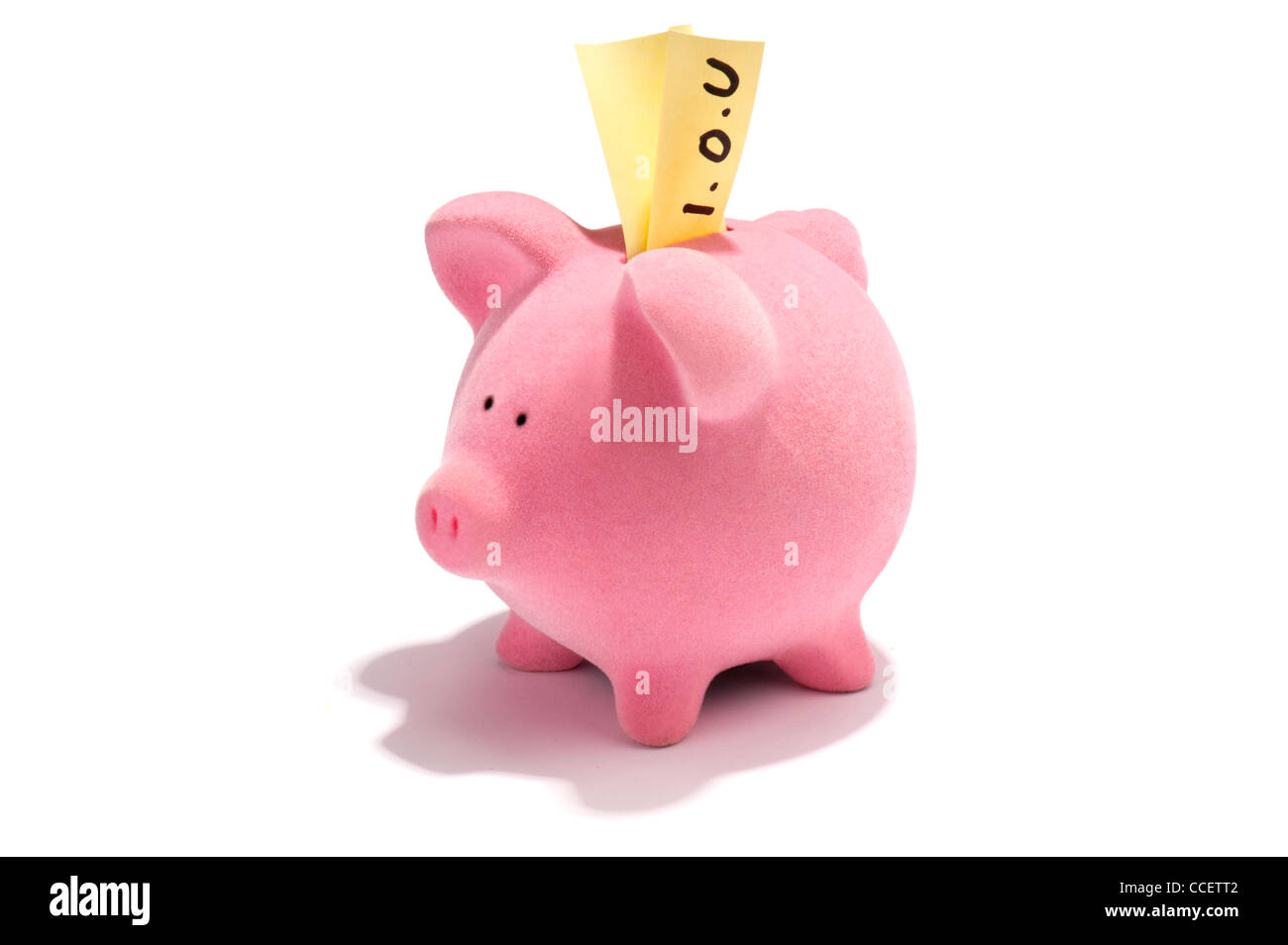 Eine I.O.U Note in ein Sparschwein Stockfoto