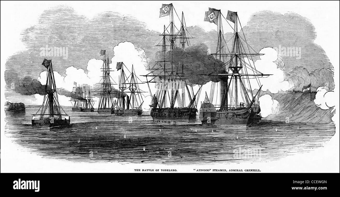 Viktorianische Gravur ca. 1852 Schlacht für den Durchgang von der Tonelero am Fluss Paraná, Argentinien Stockfoto