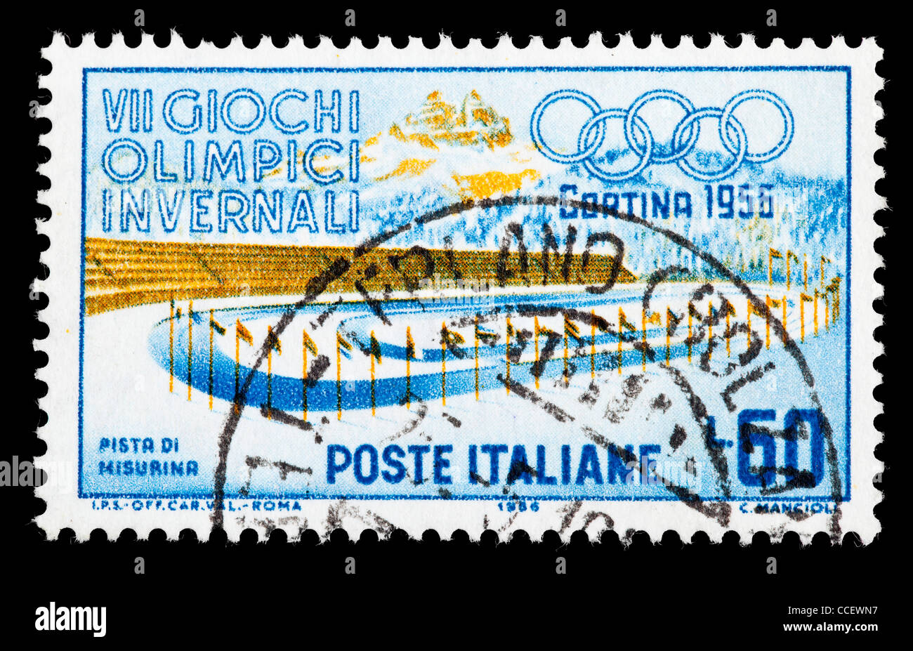 Briefmarke: VII. Olympische Winter-Spiele 1956, Italien, gestempelt Stockfoto