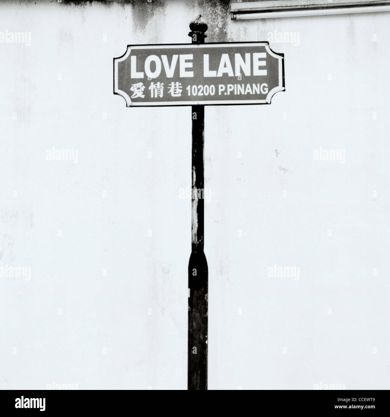 Straßenschild in Love Lane in Chinatown in George Town in Insel Penang in Malaysia in Fernost Südostasien. Konzept Konzeptionell Romantik Reisen Stockfoto