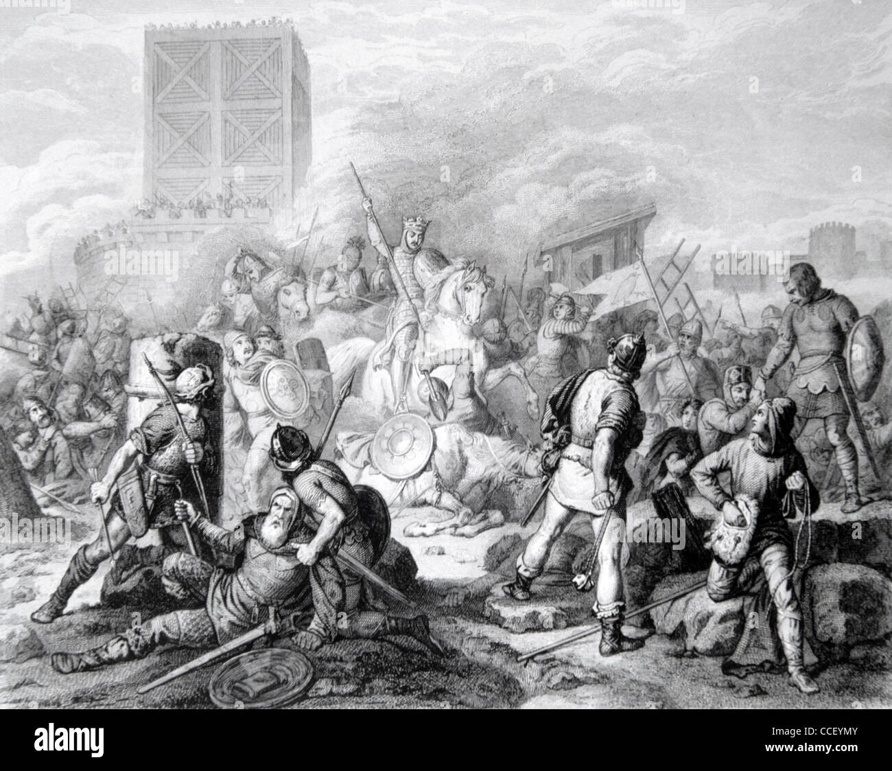 Paris belagert oder unter Belagerung durch die Wikinger, oder die Wikingerbelagerung von Paris (885-886AD) Vintage Illustration oder Gravur Stockfoto