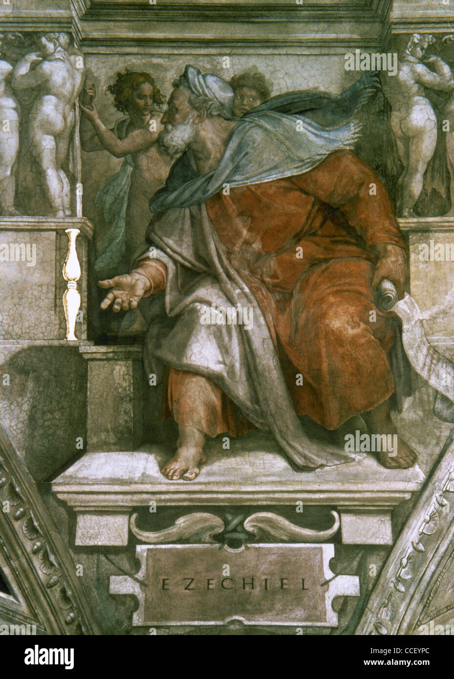Hesekiel (622-570 v. Chr.). Hebräischen Propheten. Porträt. Fresko von Michelangelo. Decke der Sixtinischen Kapelle. Stockfoto