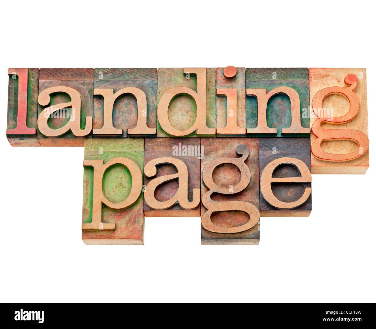 Landung - Internet und Suche Motor-Optimierung (SEO) Konzept - isoliert Seitentext in Vintage Holz Buchdruck Typ Stockfoto