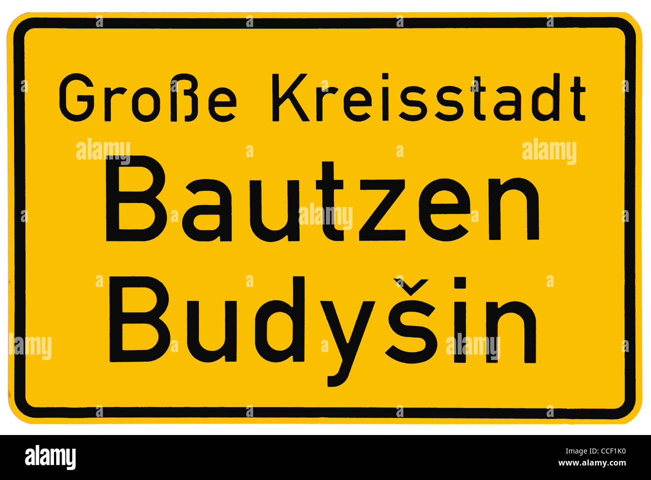 Ortsschild von Bautzen in Deutsch und Sorbisch. Stockfoto