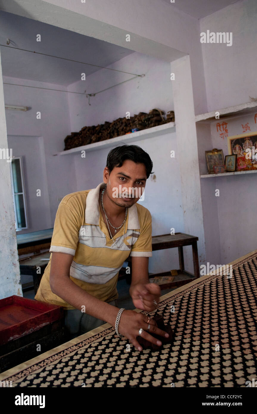 Stoff-Block printing Workshop, Bagru Dorf, Jaipur, Rajasthan, Indien Stockfoto