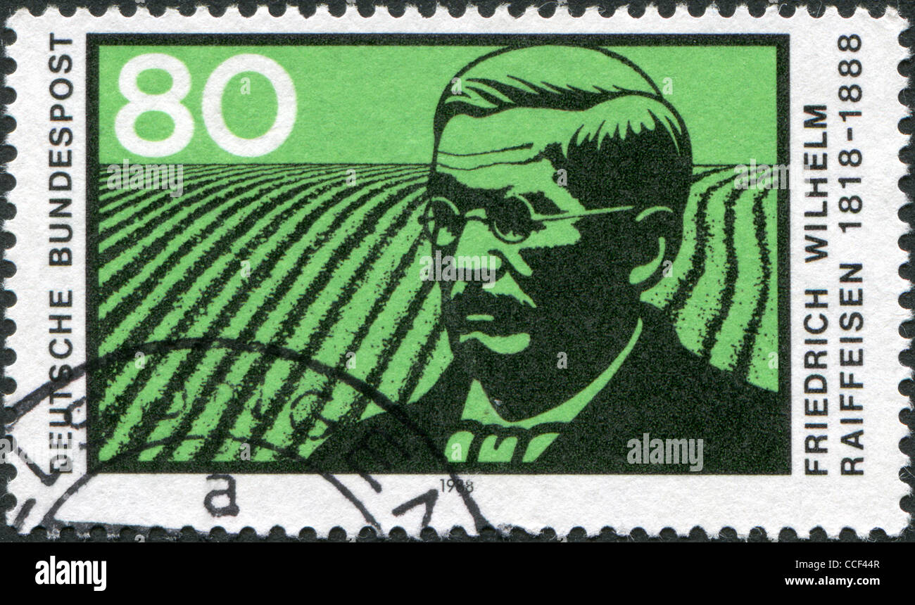 Deutschland - ca. 1988: Eine Briefmarke gedruckt in Deutschland, zeigt Friedrich Wilhelm Raiffeisen, ca. 1988 Stockfoto