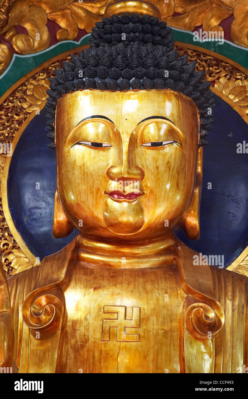Kopf, Gesicht und Schultern der große goldene Buddha-Statue zeigt buddhistische Hakenkreuz-Symbol im po Fook Hill Friedhof Sha tin Stockfoto