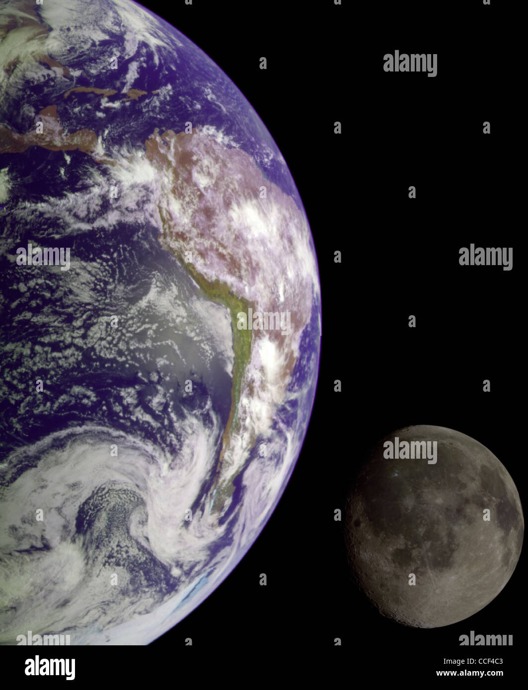 Zusammensetzung von Bildern der Erde und des Mondes, aufgenommen von der Raumsonde Galileo im Jahr 1992 auf dem Weg zum Jupiter-System zu erkunden. Stockfoto