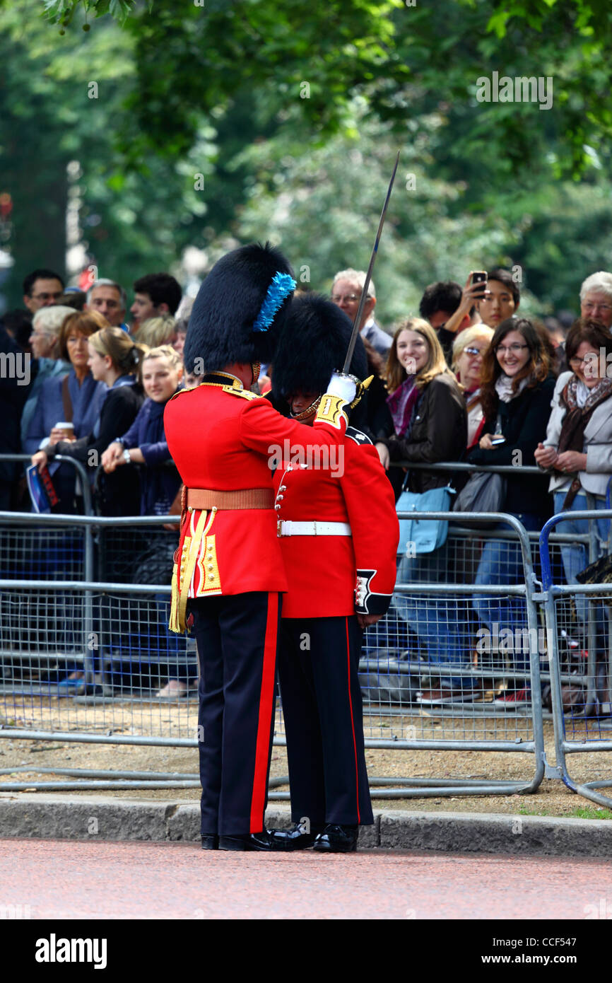 Touristen beobachten, wie ein Irish Guard Hut Busby angepasst in der Pall Mall hat vor Trooping die Farbe Paraden, London, England Stockfoto