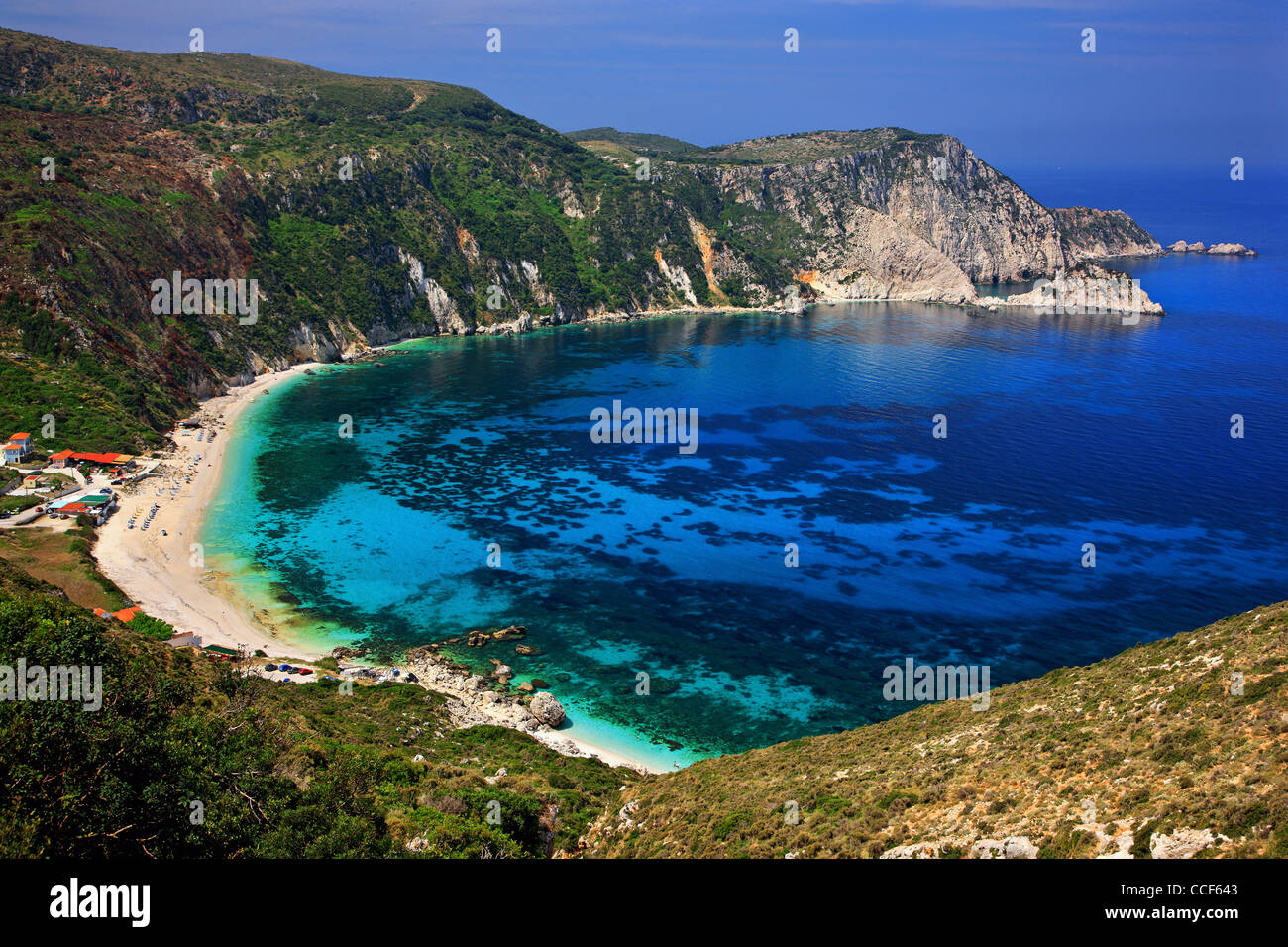 Panoramablick auf Petanoi (oder "Petani") Strand auf der Insel Kefalonia, Ionische Meer, Griechenland Stockfoto