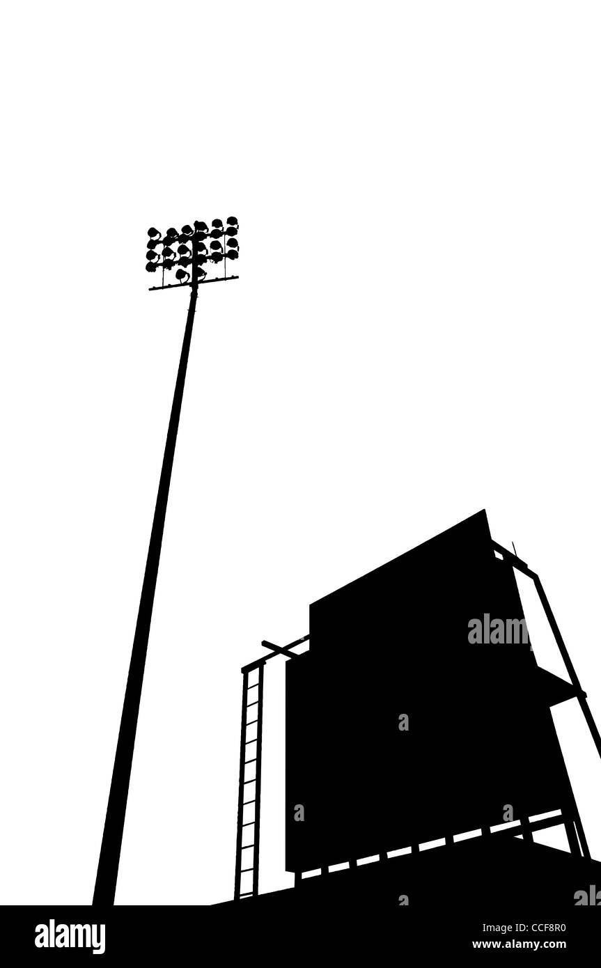 Anzeigetafel in einem Stadion mit einer hohen Flutlicht in der Silhouette, für Grafik-Design. Stockfoto