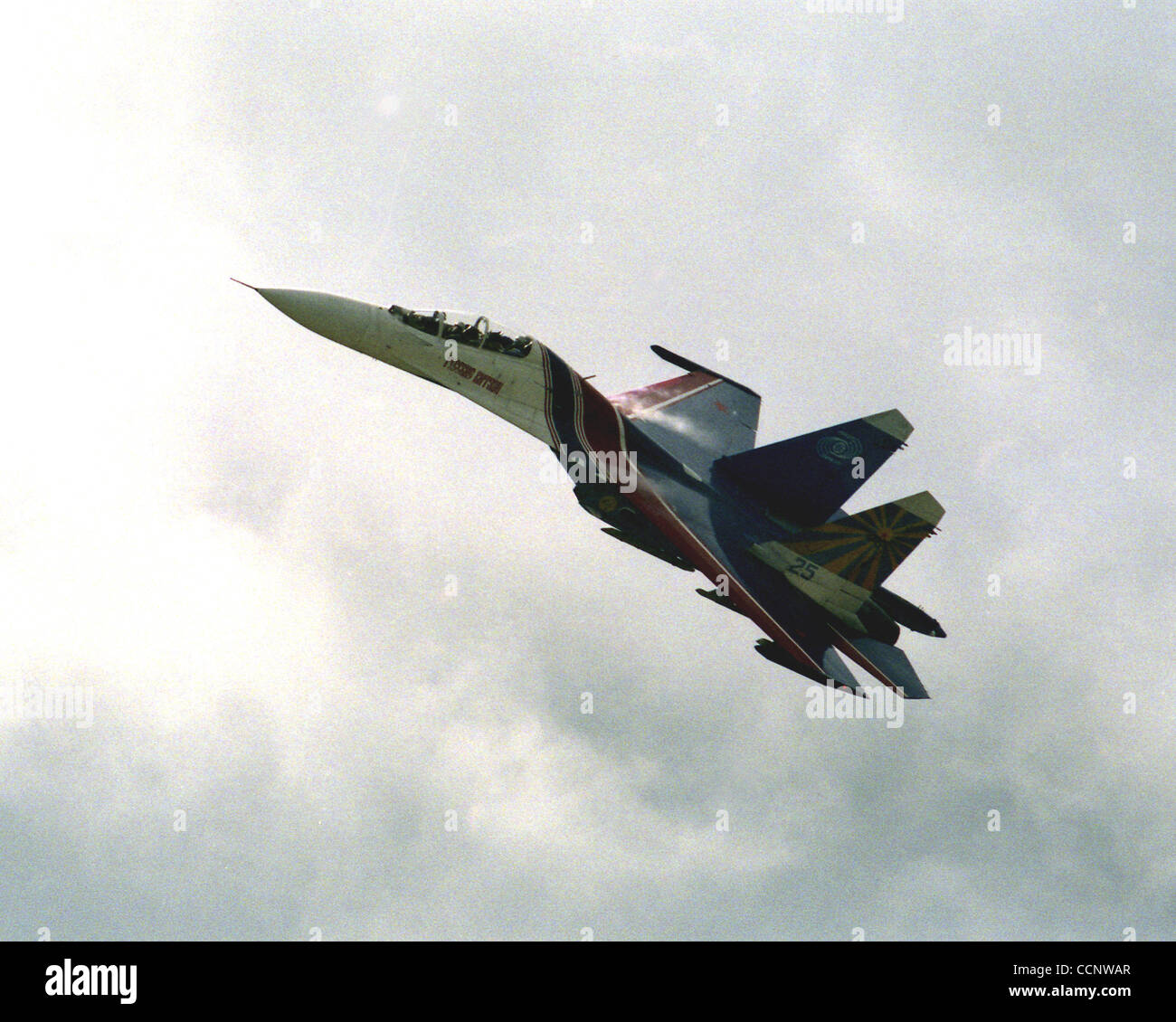 Zwei russische Kampfjets der berühmten Kunstflugstaffel "Russkiye Vityazi" ("Russian Knights") haben auf Sonntag, 16. August 2009 in der Nähe von Zhukhovsky Flugplatz östlich von Moskau, wo sie für die Luft-und Raumfahrt-Ausstellung MAKS 2009 üben waren, kollidierte Russiaís voraussichtlich am Dienstag, den 18. August starten 2009.der vi Stockfoto