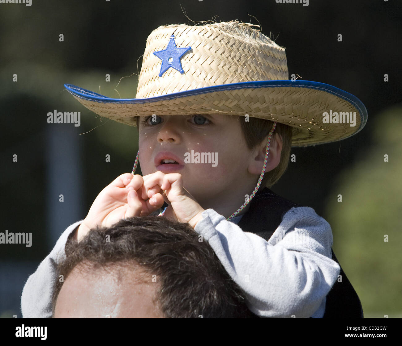 Giuseppe Palmer, 3, Uhren der Viehtrieb bis Genf Ave in Daly City, Kalifornien, Donnerstag, 3. April 2008. Der jährliche Almabtrieb ist der Kick-off für das Grand National Rodeo, Pferd und Lager zu zeigen, die Morgen startet und läuft bis zum 12. April. SAN MATEO COUNTY TIMES/JOHN GREEN Stockfoto