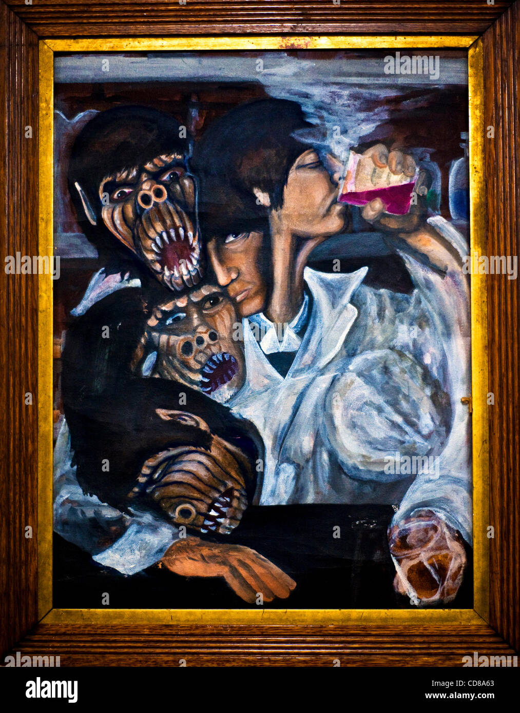 10. Oktober 2008 - Somerville, Massachusetts, USA - "Just Say No," eine anonyme Acryl auf Leinwand, zu sehen im Museum of Bad Art, ist die im Keller des Theaters Somerville untergebracht.  Die interpretative Karte für die Malerei lautet: "ein warnendes Beispiel was passiert, wenn Jugendliche Affe geht, trinken Stockfoto