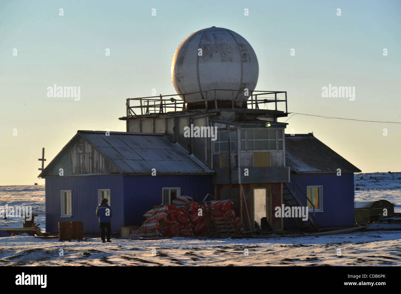 Russische Polarstation am Kap Chelyuskin; Fyodorov Observatorium Polarstation. 30. September 2010. Stockfoto