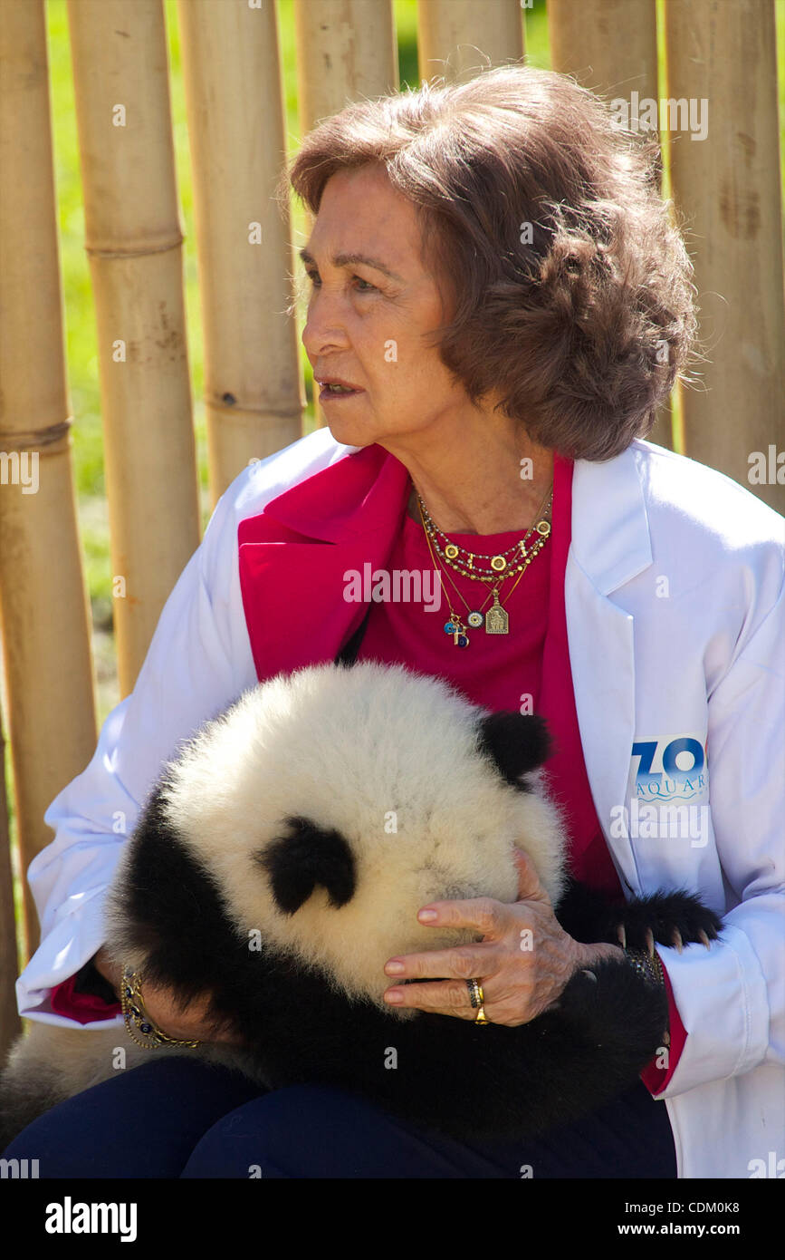 Spanische Königin Sofia besuchen das Aufwuchsgebiet für Pandas und spielen mit den Bären, Po und Dede, im Zoo Aquarium in Madrid Stockfoto