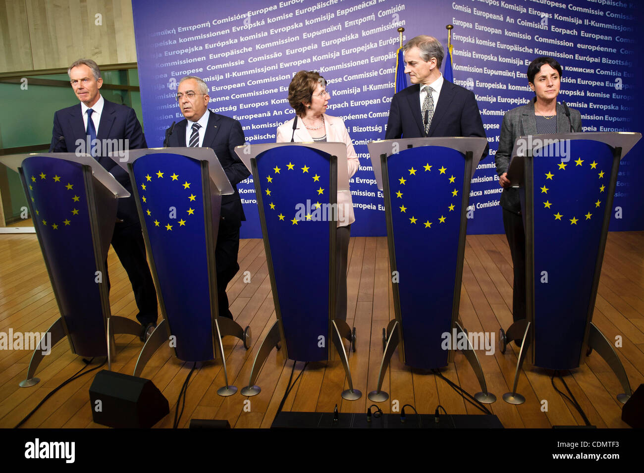 13. April 2011 - BXL, Brüssel, Belgien - (L-R) Britian ehemaligen Premierminister Tony Blair, palästinensische nationale Behörde Premierminister Salam Fayyad, Hohe Vertreterin der Union für Außen- und Sicherheit Politik Baroness Catherine Ashton, norwegische Ministerin für auswärtige Angelegenheiten J Stockfoto