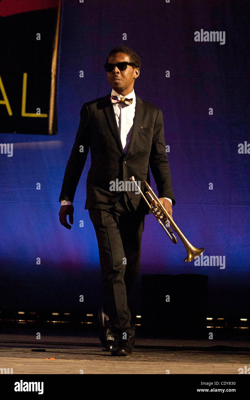 Roy Hargrove spielte seine Trompete mit seinem Quintett als des letzten Akt der 33. jährlichen Chicago Jazz Festival durchführen. Stockfoto