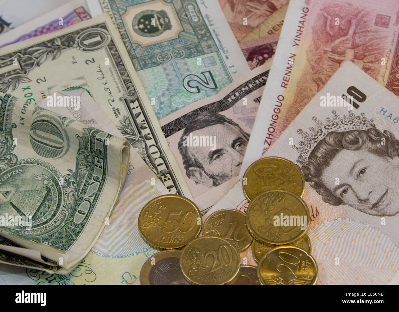 Teich Pfund Sterling, US-Dollar, Euro und chinesischen Yuan Währung Stockfoto