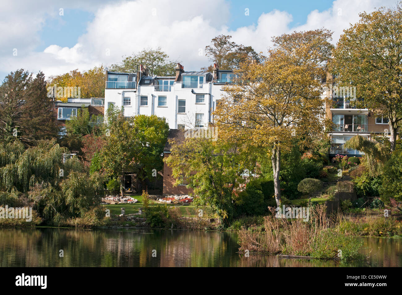 London Hampstead Heath, Vale of Health Teich im Herbst. Stockfoto