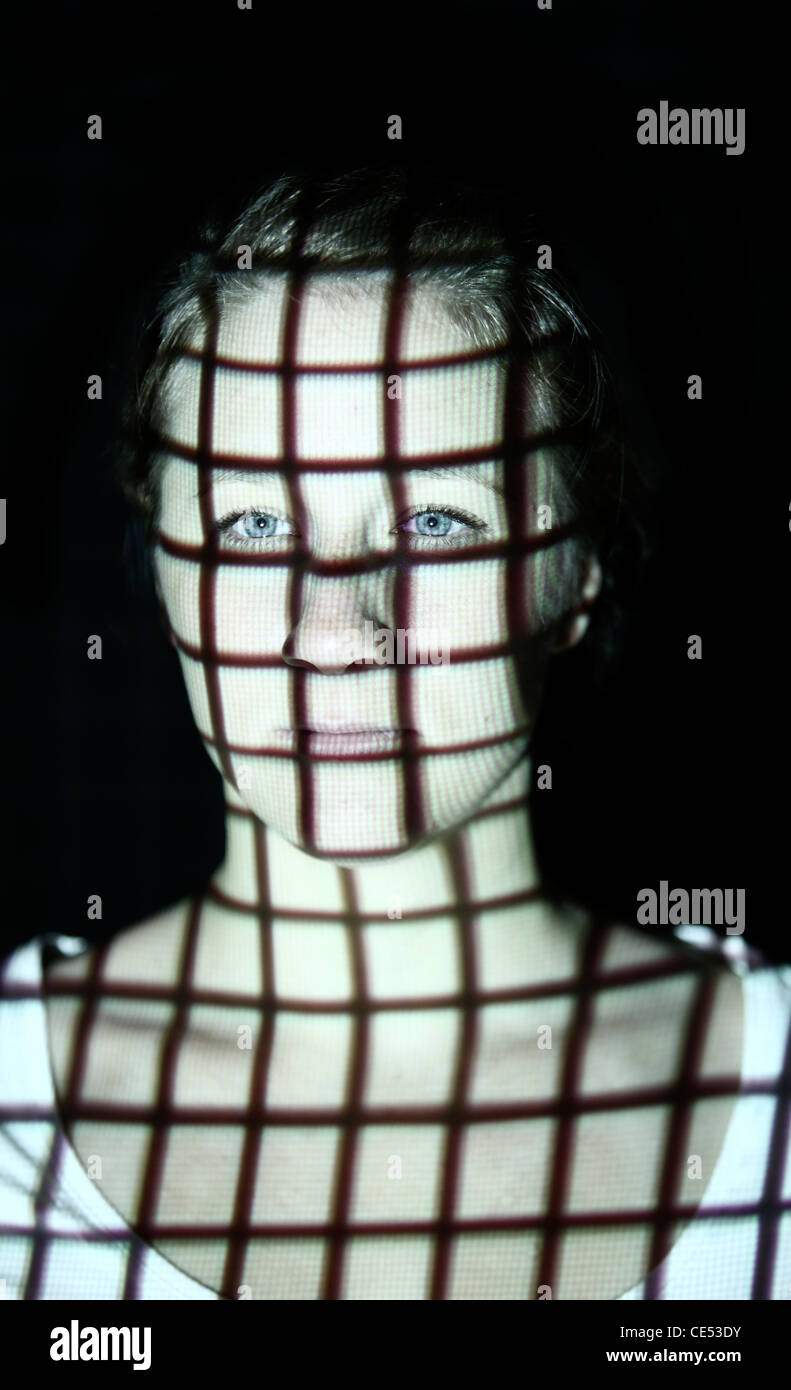 Biometrie, Symbolfoto. Automatische Gesichtserkennung mit einem Laserscanner. 3D-Modell eines weiblichen Gesichts zur Erzeugung von digitalen Daten. Stockfoto