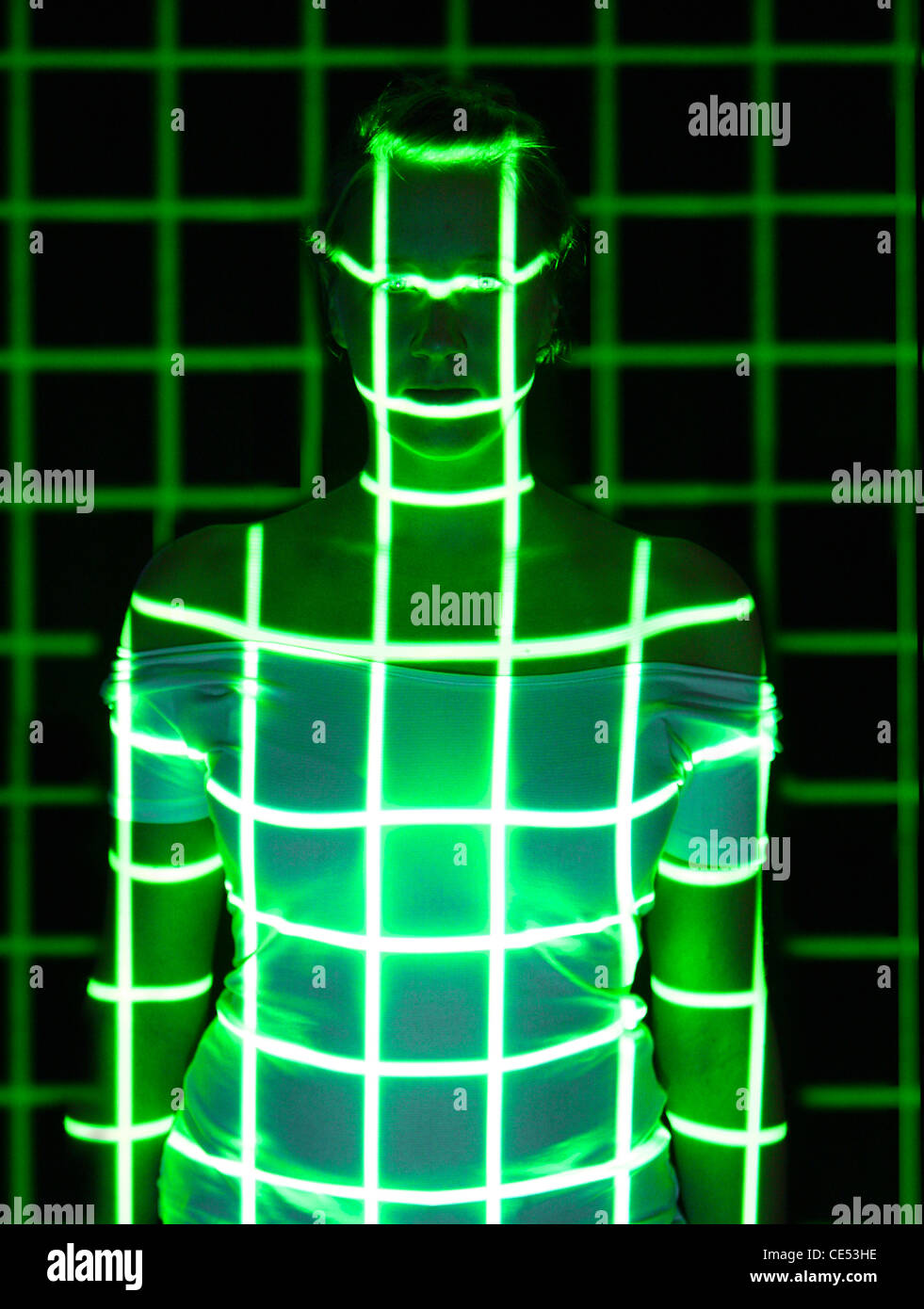 Biometrie, Symbolfoto. Automatische Gesichtserkennung mit einem Laserscanner. 3D-Modell eines weiblichen Gesichts zur Erzeugung von digitalen Daten. Stockfoto