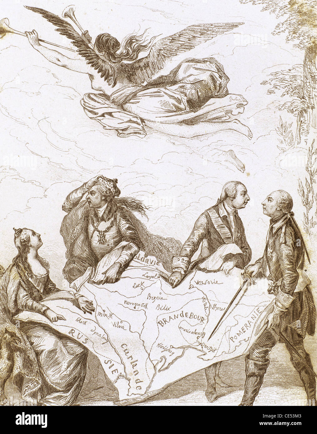 Allegorie der 1. Teilung Polens 1772. Nach Moreaus Malerei. Gravur. Stockfoto