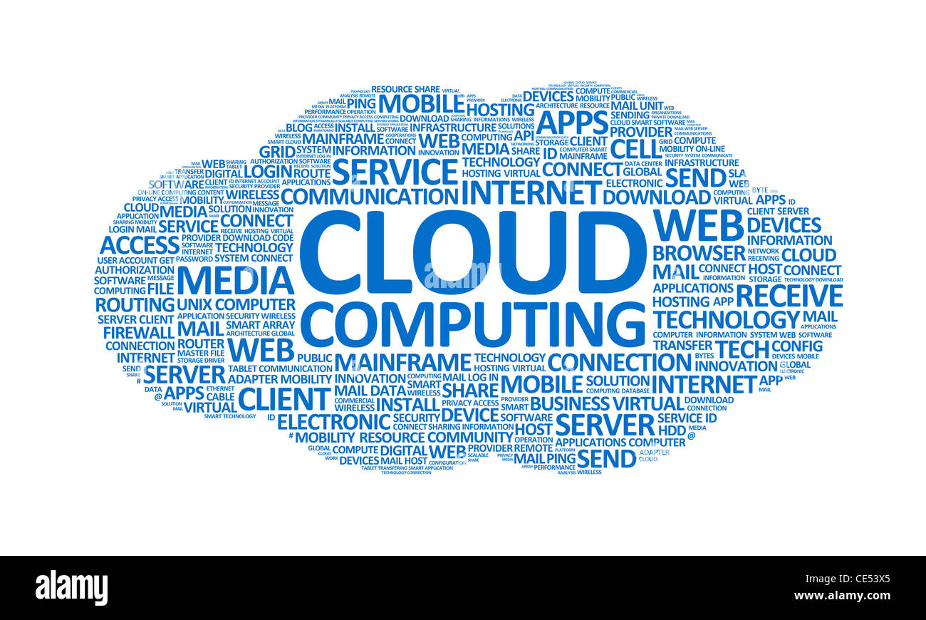 Word Cloud konzeptionelle Darstellung Thema Cloud computing. Isoliert auf weiss. Stockfoto