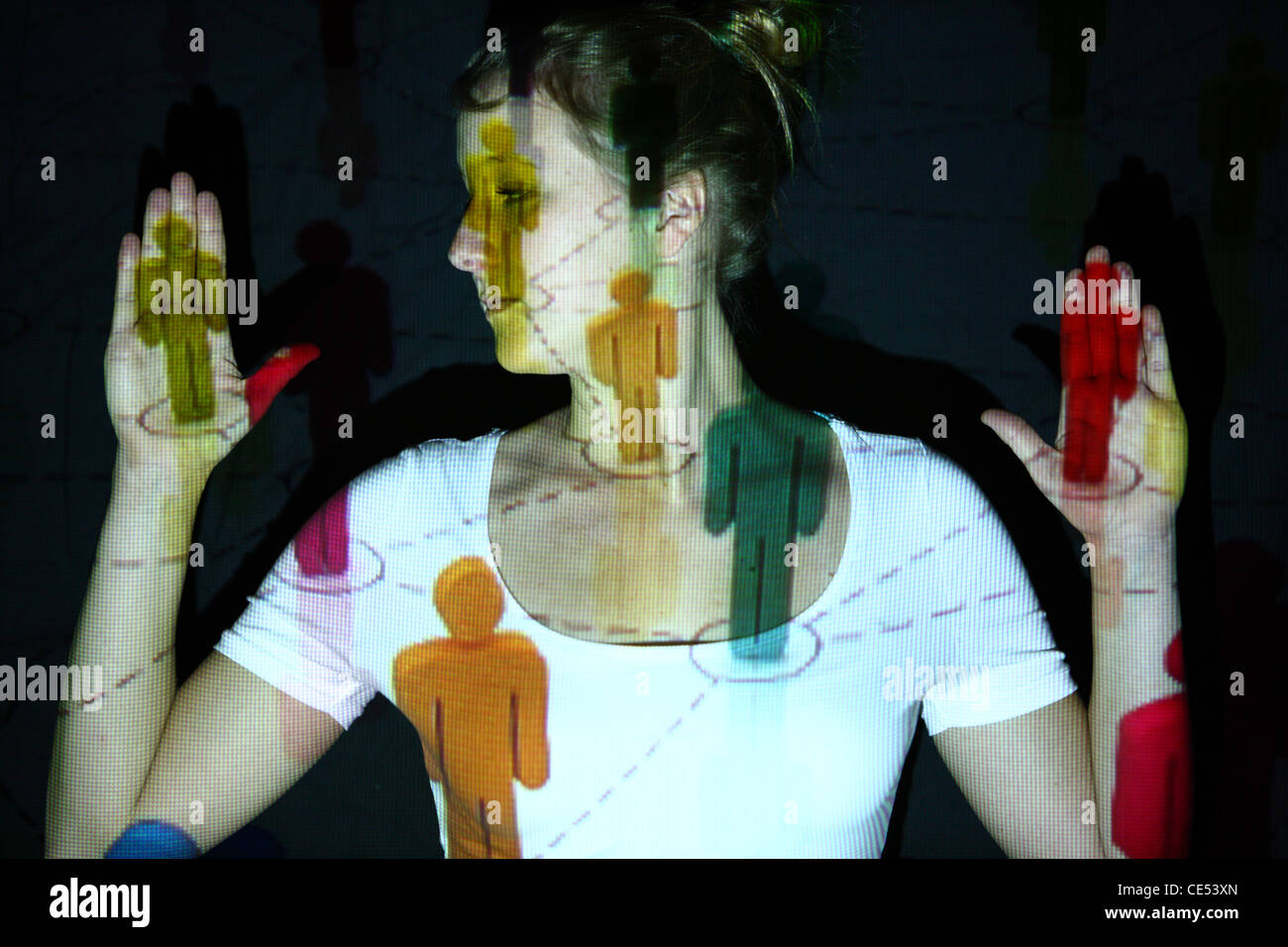 Symbolisches Bild. Biometrischen, automatische Gesichtserkennung, Gesicht Scanner. Vernetzung, soziale Netzwerke, Medien. Stockfoto