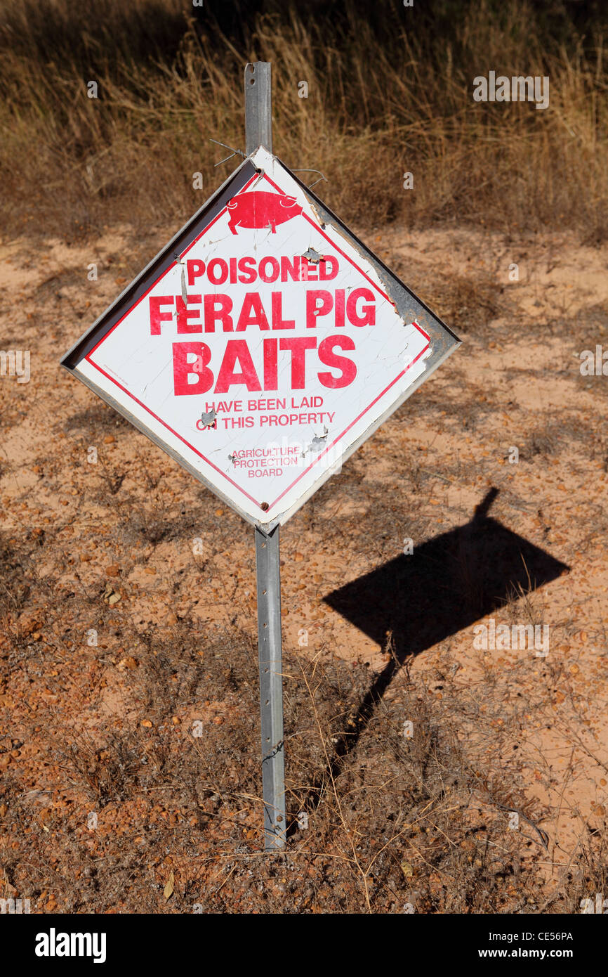 Ein Schild warnt, dass vergiftete Köder für Wildschweinen in Western Australia, Australien gelegt haben. Stockfoto