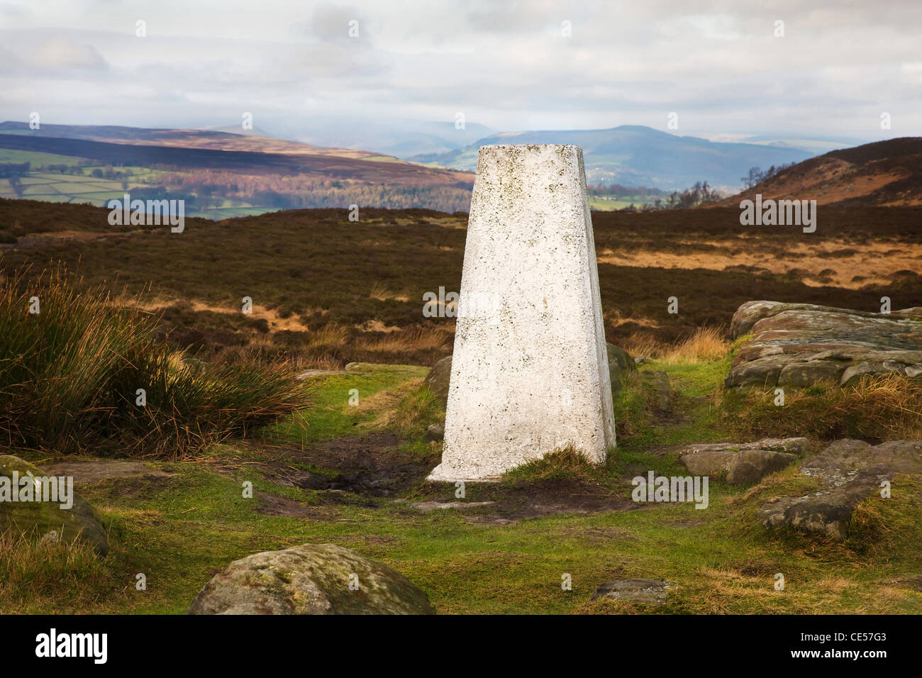 Trigonometrischen Punkt auf weißen Rand Moor in Derbyshire Peak District mit Win Hill und Lose Hügel in der Ferne Stockfoto